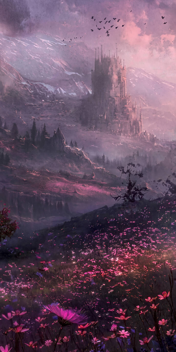 Luminous pink and purple flowers brightly bloom across the foreground, leading the eye to a majestic gothic castle shrouded in misty mountains in this exquisite 4K fantasy wallpaper, perfect for iPhone. | landscape purple castle iphone fantasy wallpaper mobile mystical 4k wallpaper hd wallpaper glowing flowers ethereal Luminous pink and purple flowers brightly bloom across the foreground, leading the eye to a majestic gothic castle shrouded in misty mountains in this exquisite 4K fantasy wallpaper, perfect for iPhone.