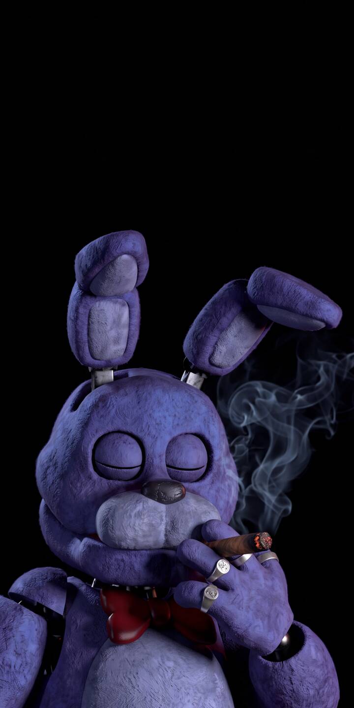 Wisps of smoke drift around Bonnie's relaxed, closed eyes as the purple animatronic, adorned with sleek rings and a red bowtie, enjoys a cigar in this distinctive 4K wallpaper. This unique Bonnie wallpaper is an edgy pick for any iPhone user. | aesthetic dark cigar iphone wallpaper smoking mobile 4k wallpaper hd wallpaper bonnie five nights at freddys fnaf bonnie Wisps of smoke drift around Bonnie's relaxed, closed eyes as the purple animatronic, adorned with sleek rings and a red bowtie, enjoys a cigar in this distinctive 4K wallpaper. This unique Bonnie wallpaper is an edgy pick for any iPhone user.