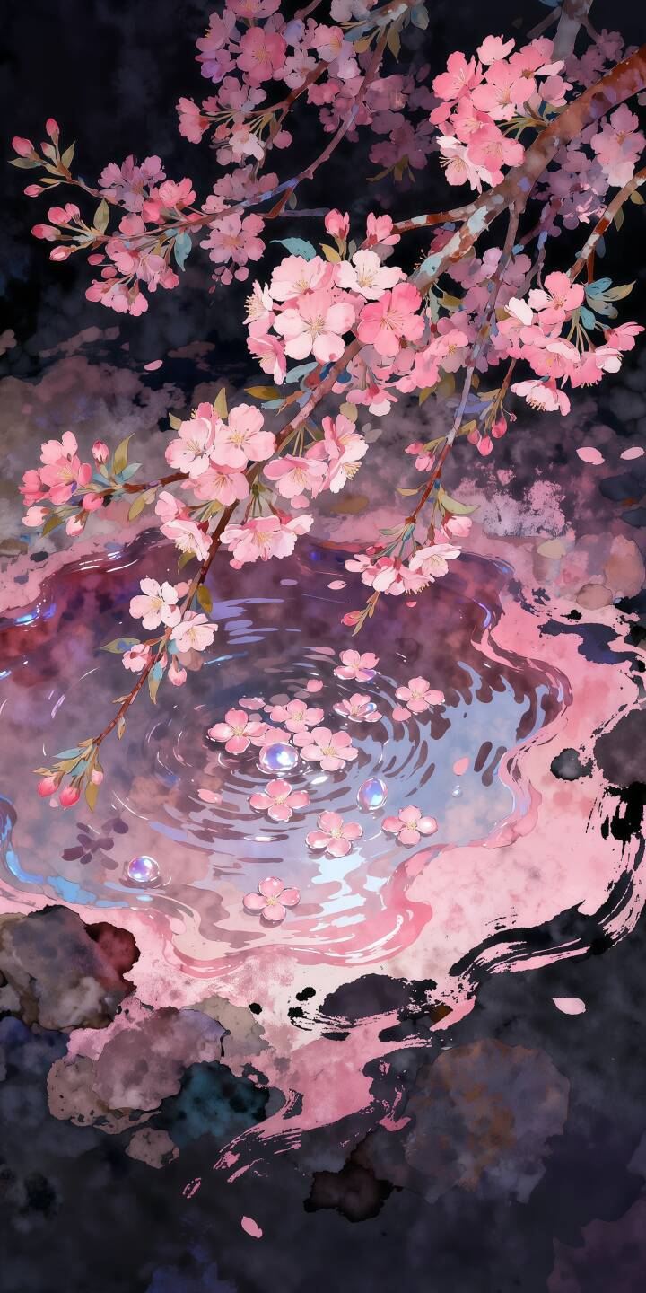 Delicate pink cherry blossoms reflect beautifully on a serene, dark water pool, with floating petals and subtle ripples defining this striking 4K wallpaper; it's an enchanting botanical wallpaper perfect for your iPhone. | pink aesthetic flowers cherry blossom iphone wallpaper sakura mobile 4k wallpaper hd wallpaper water reflection watercolor Delicate pink cherry blossoms reflect beautifully on a serene, dark water pool, with floating petals and subtle ripples defining this striking 4K wallpaper; it's an enchanting botanical wallpaper perfect for your iPhone.