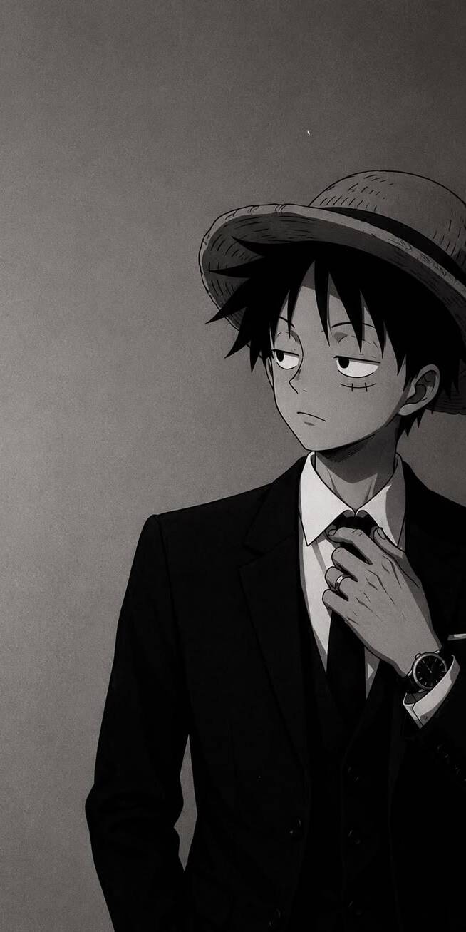 Luffy dons a sharp black suit and straw hat, thoughtfully adjusting his tie with a subtle watch and ring visible in this sleek, monochromatic 4K wallpaper. This elegant One Piece wallpaper for iPhone perfectly captures a dapper side of the Straw Hat captain. | anime one piece luffy Luffy dons a sharp black suit and straw hat, thoughtfully adjusting his tie with a subtle watch and ring visible in this sleek, monochromatic 4K wallpaper. This elegant One Piece wallpaper for iPhone perfectly captures a dapper side of the Straw Hat captain.