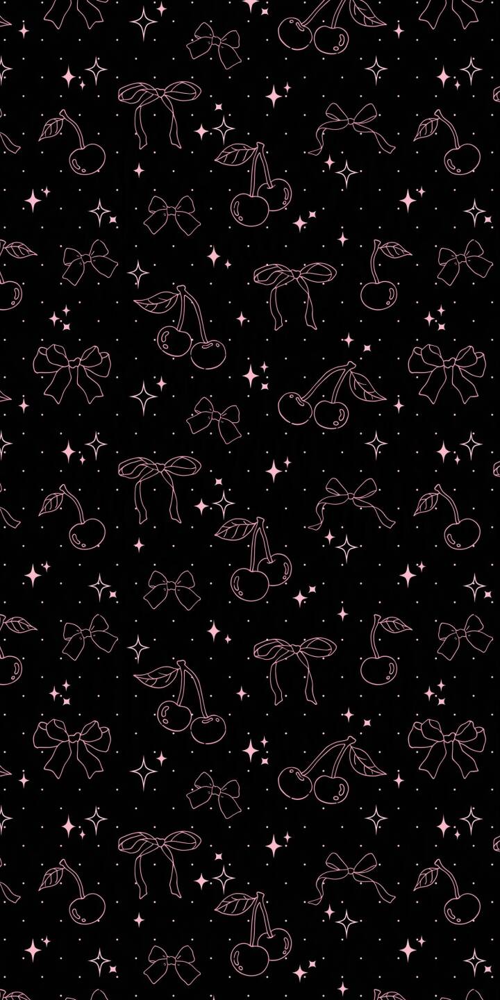 Twinkling pink stars and dainty bows adorn a dark background alongside cute outline cherries in this adorable 4K aesthetic wallpaper, perfect as an iPhone wallpaper. | pink aesthetic bow pattern cute iphone stars wallpaper mobile 4k wallpaper hd wallpaper cherry Twinkling pink stars and dainty bows adorn a dark background alongside cute outline cherries in this adorable 4K aesthetic wallpaper, perfect as an iPhone wallpaper.