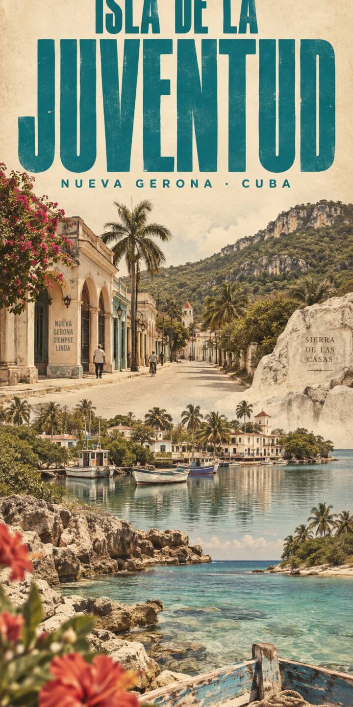 Distressed retro typography for 'Isla de la Juventud' frames a captivating 4K wallpaper collage featuring charming colonial streets and crystal-clear turquoise waters – an idyllic island escape wallpaper for your iPhone. | travel iphone vintage retro wallpaper tropical mobile 4k wallpaper hd wallpaper isla de la juventud cuba nueva gerona Distressed retro typography for 'Isla de la Juventud' frames a captivating 4K wallpaper collage featuring charming colonial streets and crystal-clear turquoise waters – an idyllic island escape wallpaper for your iPhone.
