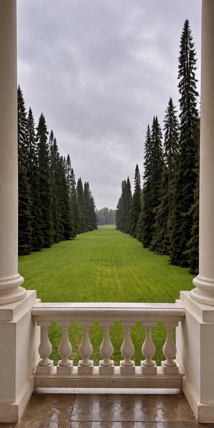 A formal white balustrade offers a stately view over a perfectly manicured green lawn flanked by towering evergreen trees, creating an expansive vista in this atmospheric 4K wallpaper. This captivating landscape serves as an ideal iPhone wallpaper. | landscape forest green balcony iphone wallpaper mobile 4k wallpaper hd wallpaper serene pines lawn A formal white balustrade offers a stately view over a perfectly manicured green lawn flanked by towering evergreen trees, creating an expansive vista in this atmospheric 4K wallpaper. This captivating landscape serves as an ideal iPhone wallpaper.