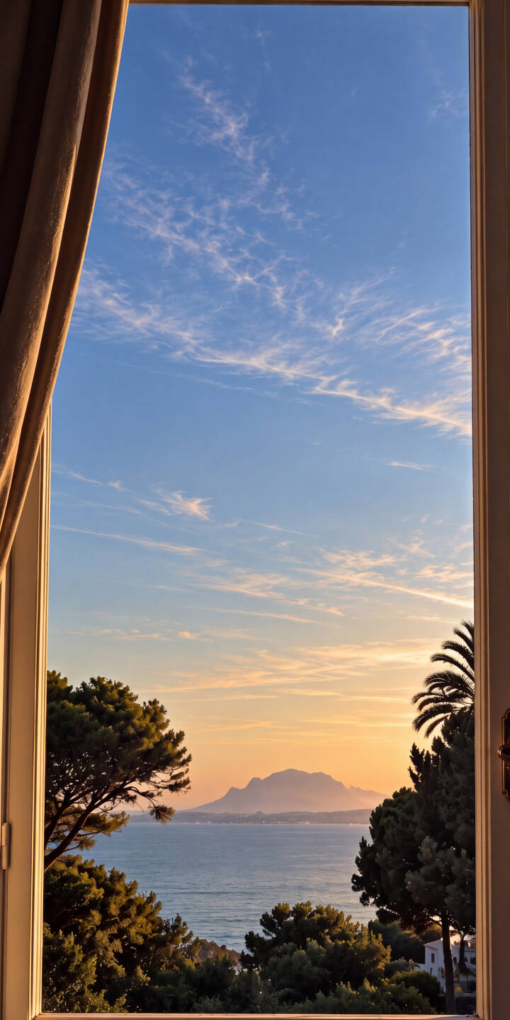 Golden hour sunlight bathes the distant mountains and calm sea as viewed through an open window in this serene 4K wallpaper, a perfect nature wallpaper for iPhone. | landscape sunset iphone mountain view wallpaper mobile golden hour 4k wallpaper hd wallpaper serene ocean view window view Golden hour sunlight bathes the distant mountains and calm sea as viewed through an open window in this serene 4K wallpaper, a perfect nature wallpaper for iPhone.