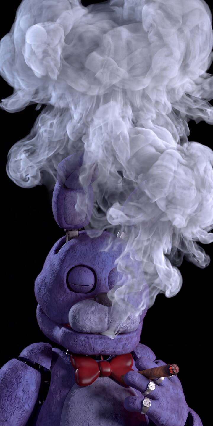 Puffs of white smoke billow from Bonnie's relaxed expression as the purple animatronic holds a lit cigar, complete with stylish silver rings and his signature red bow tie, making for a uniquely calm 4K wallpaper. This distinct Bonnie wallpaper is an essential download for any Five Nights at Freddy's fan seeking an edgy iPhone wallpaper. | smoke cigar iphone wallpaper fnaf mobile 4k wallpaper hd wallpaper animatronic bonnie edgy five nights at freddys Puffs of white smoke billow from Bonnie's relaxed expression as the purple animatronic holds a lit cigar, complete with stylish silver rings and his signature red bow tie, making for a uniquely calm 4K wallpaper. This distinct Bonnie wallpaper is an essential download for any Five Nights at Freddy's fan seeking an edgy iPhone wallpaper.