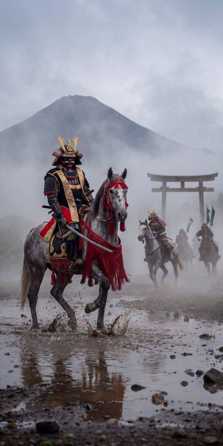 A samurai, adorned in striking black and gold armor with vibrant red accents, rides a dappled horse through misty puddles with Mount Fuji and a Torii gate in the background, creating an epic 4K wallpaper for iPhone. This majestic scene makes a powerful, aesthetic wallpaper. | samurai iphone wallpaper mobile 4k wallpaper hd wallpaper japanese warrior epic misty historical mount fuji torii gate A samurai, adorned in striking black and gold armor with vibrant red accents, rides a dappled horse through misty puddles with Mount Fuji and a Torii gate in the background, creating an epic 4K wallpaper for iPhone. This majestic scene makes a powerful, aesthetic wallpaper.