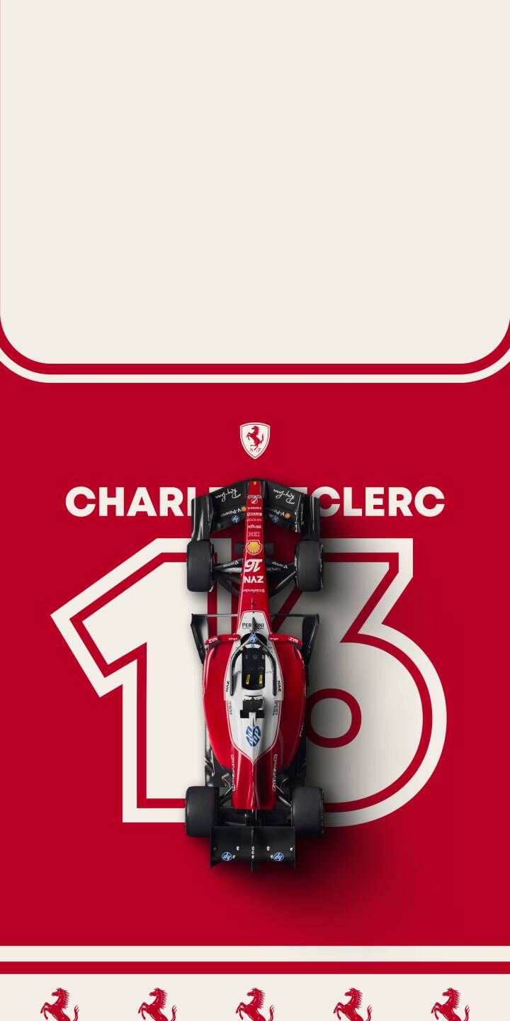 A striking top-down view showcases the iconic Ferrari F1 car with Charles Leclerc's name and the number 13 boldly displayed on a vibrant red background in this 4K wallpaper. This stunning motorsport wallpaper is perfect for iPhone users. | race car iphone ferrari wallpaper f1 charles leclerc formula 1 mobile red car 4k wallpaper hd wallpaper number 13 A striking top-down view showcases the iconic Ferrari F1 car with Charles Leclerc's name and the number 13 boldly displayed on a vibrant red background in this 4K wallpaper. This stunning motorsport wallpaper is perfect for iPhone users.
