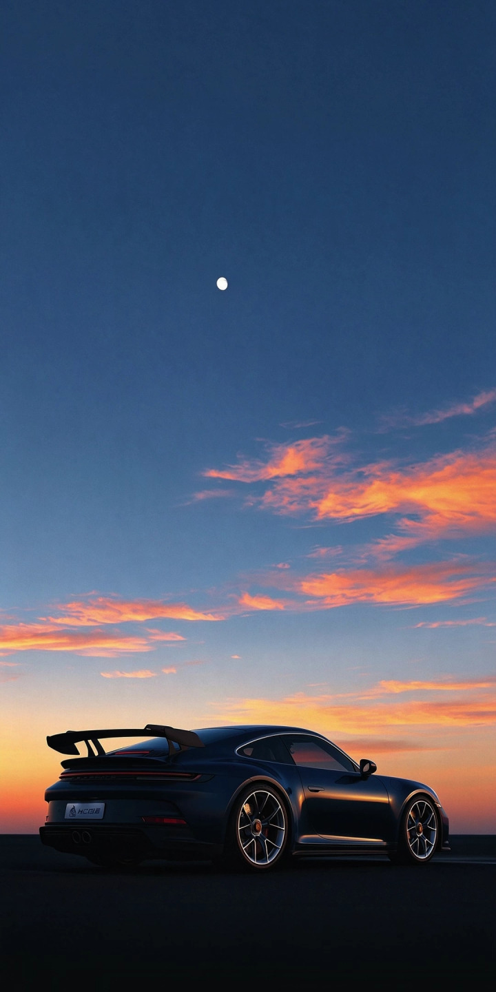 A sleek sports car beneath a dreamy sunset sky and rising moon, with subtle atmospheric motion and a calm cinematic mood. | sports car porsche live wallpaper 911 gt3 automotive A sleek sports car beneath a dreamy sunset sky and rising moon, with subtle atmospheric motion and a calm cinematic mood.