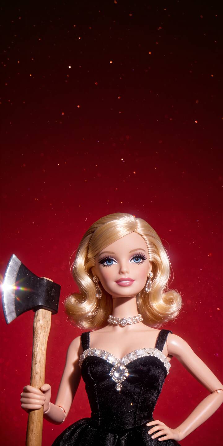 The shining blade of an axe gleams next to a glamorous Barbie doll, poised in a sparkly black dress against a vibrant red background in this striking 4K wallpaper. This unique Barbie wallpaper is a perfect fit for your iPhone, blending elegance with an unexpected dark twist. | barbie iphone wallpaper mobile 4k wallpaper hd wallpaper barbie doll axe horror aesthetic glamorous dark satire The shining blade of an axe gleams next to a glamorous Barbie doll, poised in a sparkly black dress against a vibrant red background in this striking 4K wallpaper. This unique Barbie wallpaper is a perfect fit for your iPhone, blending elegance with an unexpected dark twist.