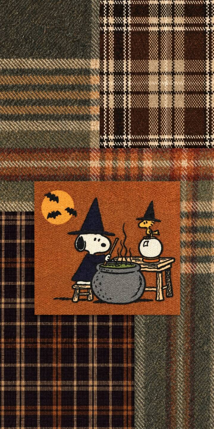Snoopy and Woodstock, dressed in witch hats, stir a bubbling cauldron under a full moon with bats, set against a cozy patchwork plaid background in this charming 4K Halloween wallpaper. This festive wallpaper captures autumnal magic, perfect for iPhone. | plaid witch halloween iphone autumn snoopy wallpaper mobile peanuts 4k wallpaper hd wallpaper woodstock Snoopy and Woodstock, dressed in witch hats, stir a bubbling cauldron under a full moon with bats, set against a cozy patchwork plaid background in this charming 4K Halloween wallpaper. This festive wallpaper captures autumnal magic, perfect for iPhone.