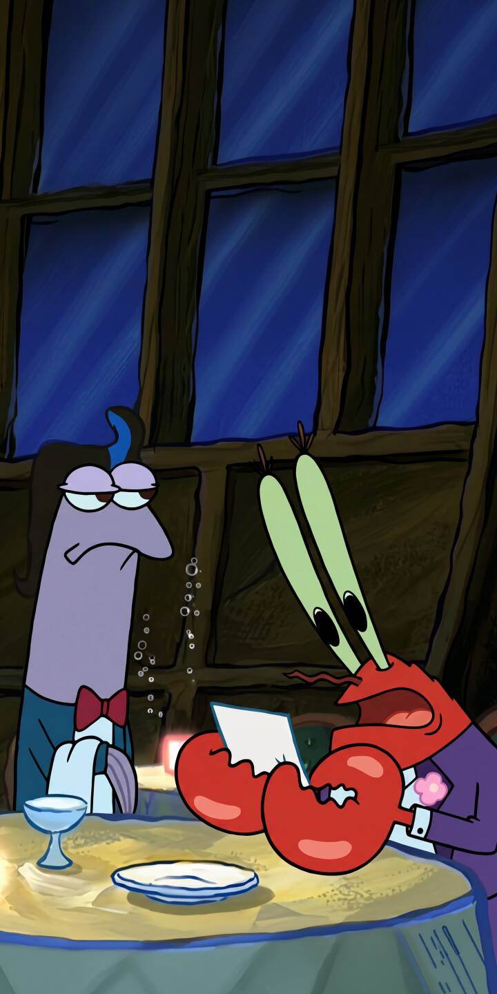 Mr. Krabs screams, jaw dropped and red claws flared in disbelief at a menu price, while a bored purple fish with a bowtie patiently waits in this comical 4K wallpaper - a perfect Spongebob Squarepants moment for your iPhone wallpaper. | cartoon iphone wallpaper animation mr krabs mobile spongebob squarepants 4k wallpaper hd wallpaper humor reaction restaurant scene Mr. Krabs screams, jaw dropped and red claws flared in disbelief at a menu price, while a bored purple fish with a bowtie patiently waits in this comical 4K wallpaper - a perfect Spongebob Squarepants moment for your iPhone wallpaper.