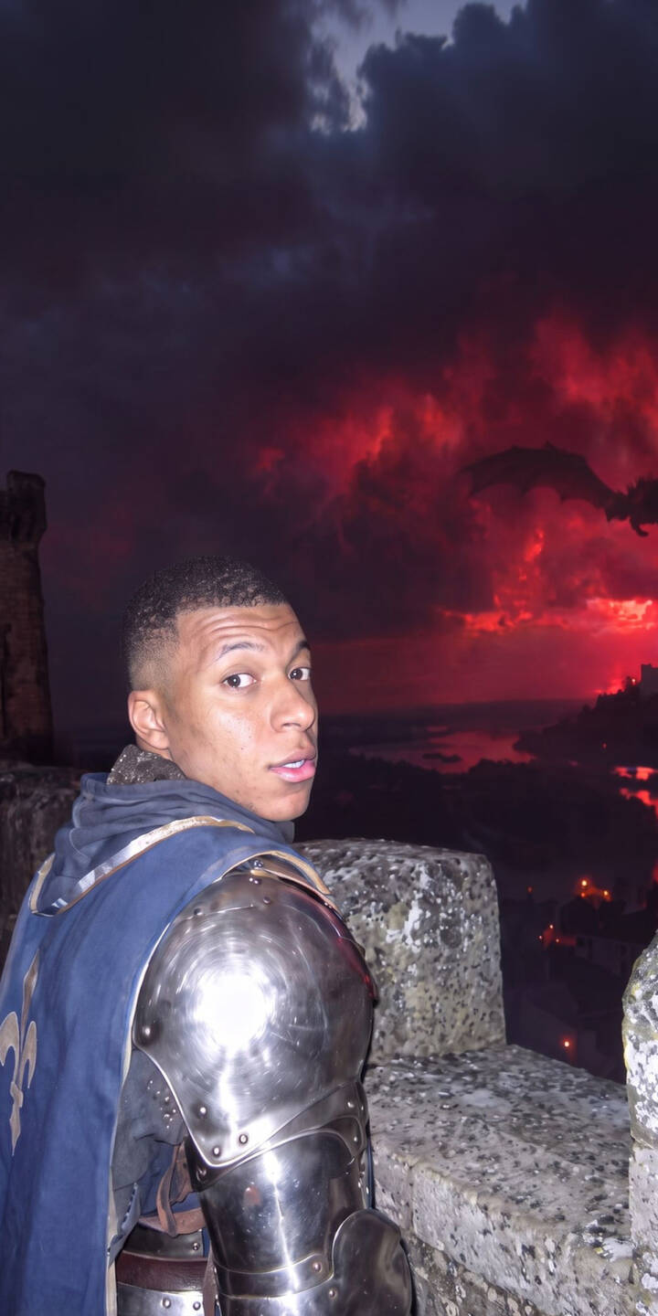 The blood-red, stormy sky, complete with a distant dragon, creates an epic backdrop as Kylian Mbappé, clad in shiny knight's armor, gazes directly forward in this dramatic 4K wallpaper. This stunning mobile wallpaper for iPhone captures the unique fusion of a modern icon with fantasy elements, making it an exceptional choice. | armor dragon knight iphone fantasy wallpaper mobile 4k wallpaper hd wallpaper red sky epic kylian mbappe The blood-red, stormy sky, complete with a distant dragon, creates an epic backdrop as Kylian Mbappé, clad in shiny knight's armor, gazes directly forward in this dramatic 4K wallpaper. This stunning mobile wallpaper for iPhone captures the unique fusion of a modern icon with fantasy elements, making it an exceptional choice.