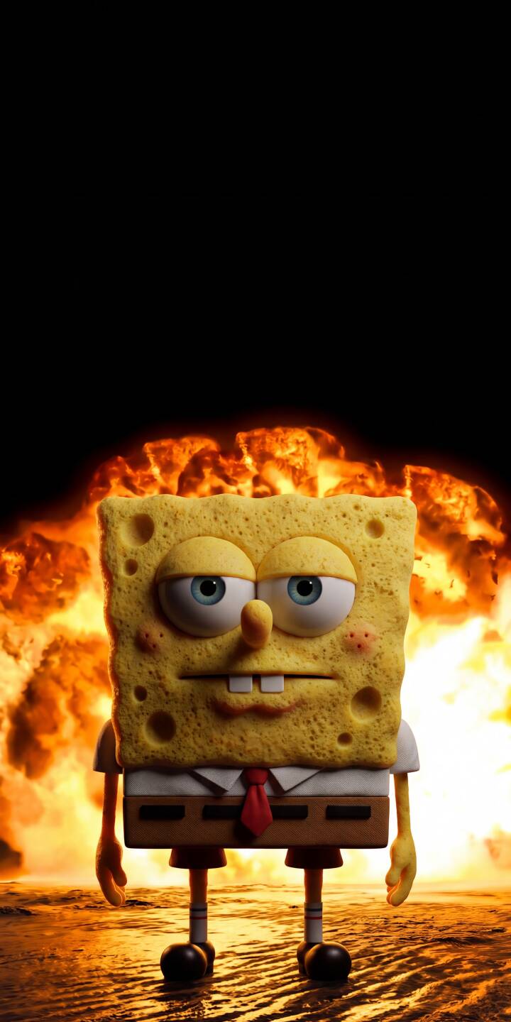 SpongeBob's famously unperturbed face, rendered in striking 3D, is hilariously contrasted against a massive fiery explosion in this epic 4K wallpaper. This stunning visual makes for a unique mobile wallpaper, perfect for any iPhone looking for a touch of animated chaos. | meme funny spongebob fire explosion iphone wallpaper mobile spongebob squarepants 4k wallpaper hd wallpaper 3d render SpongeBob's famously unperturbed face, rendered in striking 3D, is hilariously contrasted against a massive fiery explosion in this epic 4K wallpaper. This stunning visual makes for a unique mobile wallpaper, perfect for any iPhone looking for a touch of animated chaos.