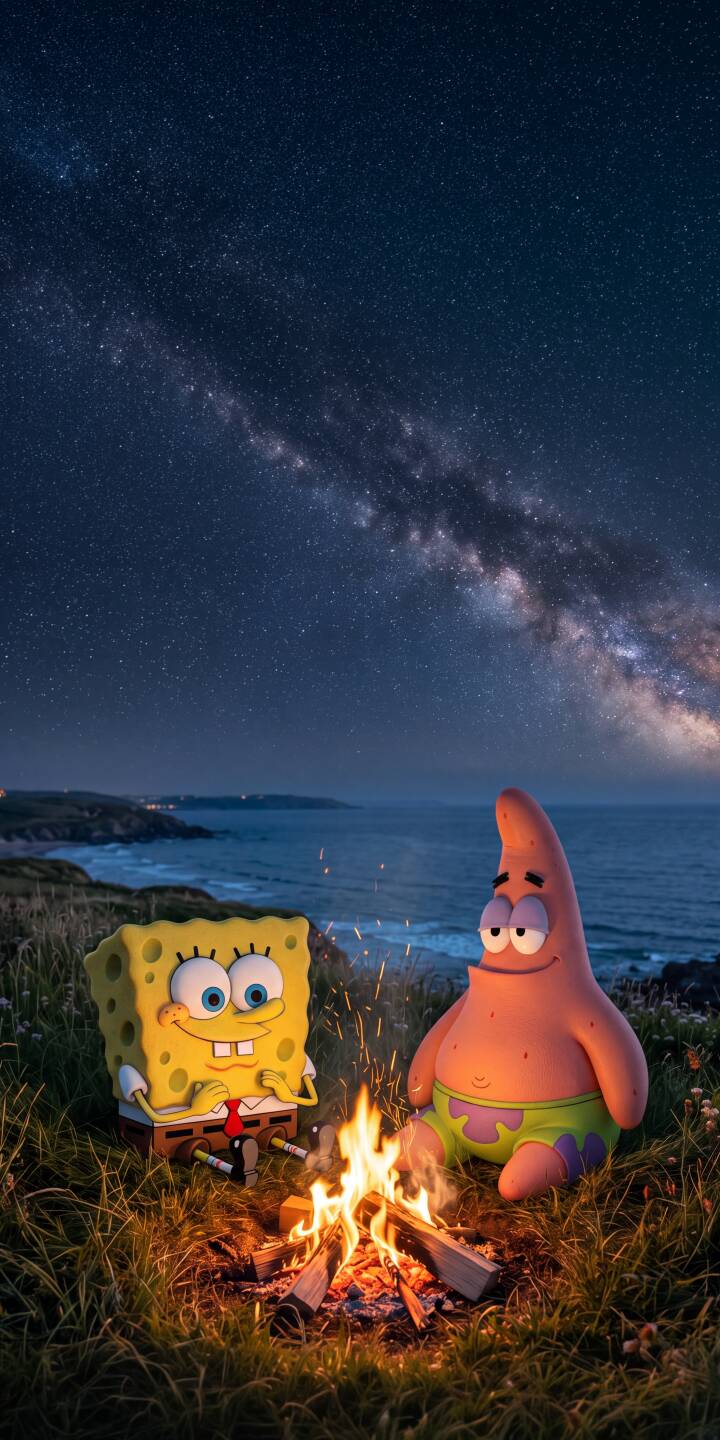 The breathtaking Milky Way arcs across the dark sky as Spongebob and Patrick enjoy a cozy campfire by the ocean in this stunning 4K wallpaper, making it a perfect iPhone wallpaper for fans. | cartoon aesthetic night sky campfire iphone wallpaper milky way patrick star mobile spongebob squarepants 4k wallpaper hd wallpaper The breathtaking Milky Way arcs across the dark sky as Spongebob and Patrick enjoy a cozy campfire by the ocean in this stunning 4K wallpaper, making it a perfect iPhone wallpaper for fans.