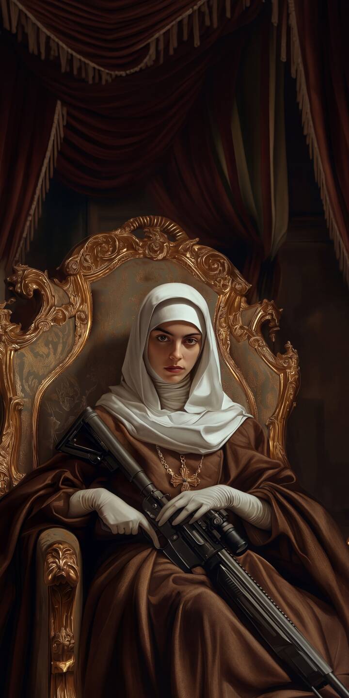 Her direct and intense gaze pierces through the ornate setting as this warrior nun, clad in a solemn habit, firmly grasps a modern rifle from a golden baroque throne, creating a compelling 4K wallpaper perfect for iPhone. This unique wallpaper blends spiritual reverence with a powerful, modern edge. | rifle throne nun gothic iphone wallpaper mobile 4k wallpaper hd wallpaper mysterious dark art warrior nun Her direct and intense gaze pierces through the ornate setting as this warrior nun, clad in a solemn habit, firmly grasps a modern rifle from a golden baroque throne, creating a compelling 4K wallpaper perfect for iPhone. This unique wallpaper blends spiritual reverence with a powerful, modern edge.
