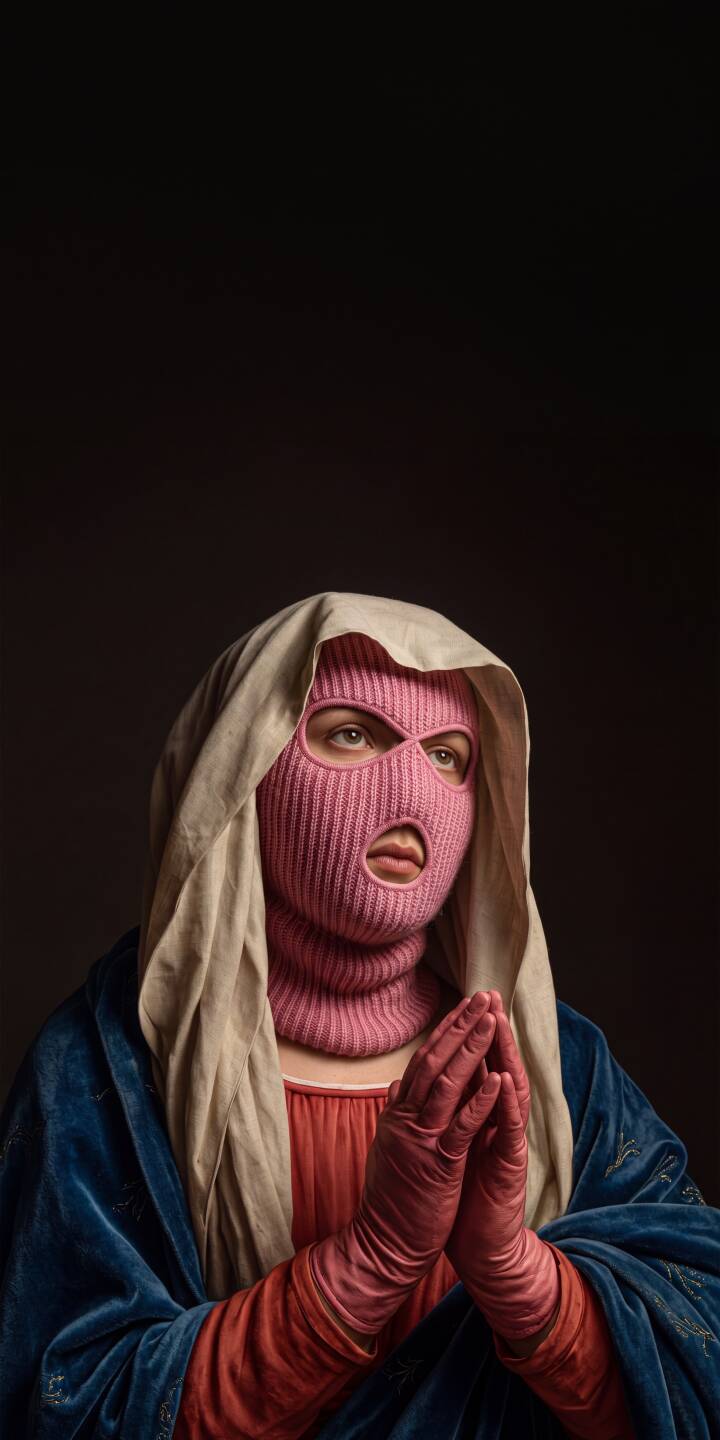 The iconic blue velvet cloak and a serene white veil of the Virgin Mary sharply contrast with the striking pink balaclava and gloves, creating a modern rebellious twist in this 4K art wallpaper, an essential iPhone wallpaper for those who appreciate bold cultural statements. The figure's hands are clasped in prayer against a dark, moody background, enhancing the intriguing duality of this unique wallpaper. | pink aesthetic iphone wallpaper mobile 4k wallpaper hd wallpaper rebellious contemporary art dark art balaclava madonna The iconic blue velvet cloak and a serene white veil of the Virgin Mary sharply contrast with the striking pink balaclava and gloves, creating a modern rebellious twist in this 4K art wallpaper, an essential iPhone wallpaper for those who appreciate bold cultural statements. The figure's hands are clasped in prayer against a dark, moody background, enhancing the intriguing duality of this unique wallpaper.