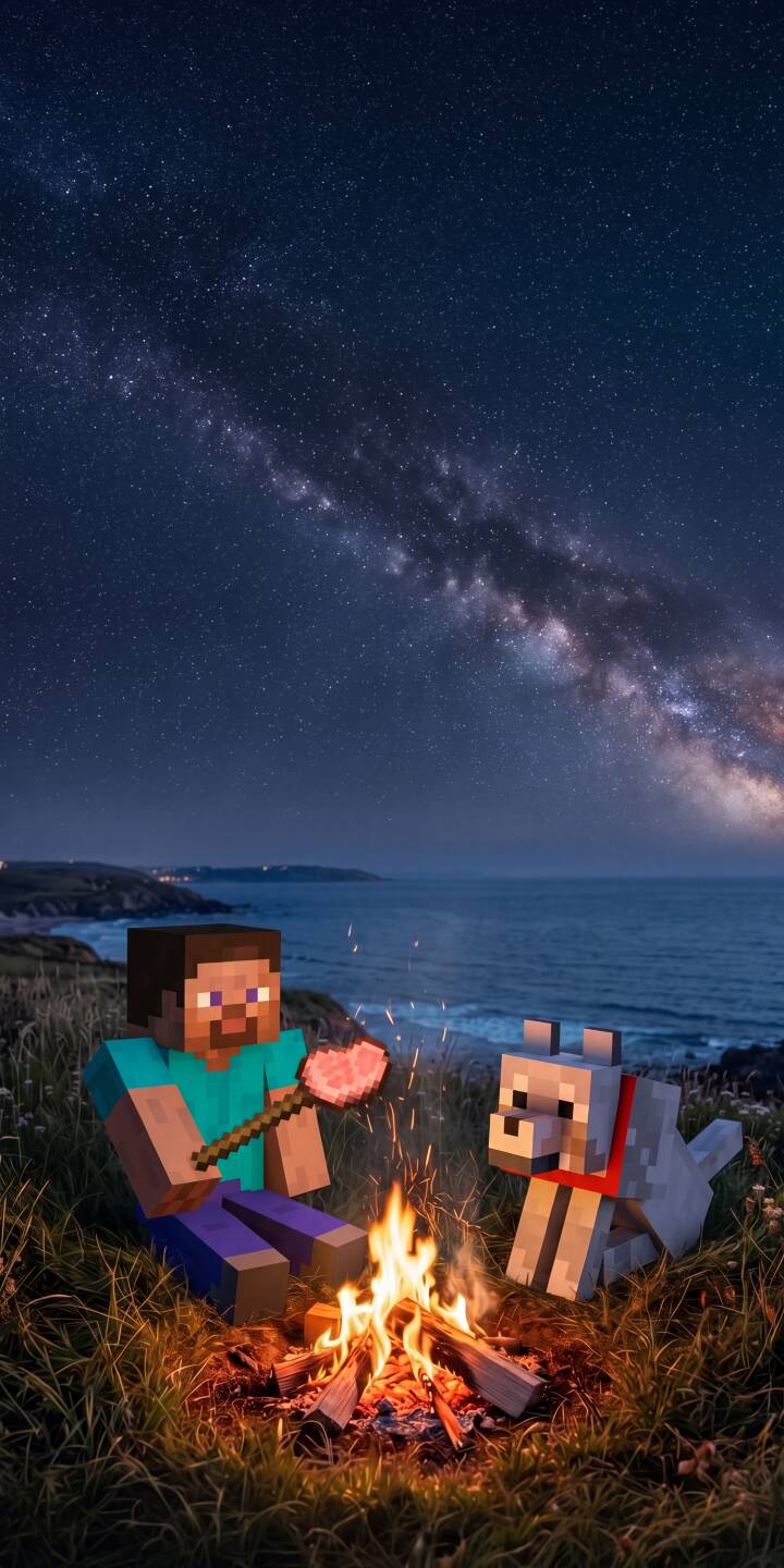 The vibrant Milky Way spans across a tranquil ocean night as Minecraft's Steve and his wolf companion cook by a warm campfire in this enchanting 4K wallpaper for iPhone. This detailed wallpaper captures a cozy outdoor adventure under a starry sky. | wolf night sky campfire minecraft iphone gaming wallpaper steve mobile pixel art 4k wallpaper hd wallpaper The vibrant Milky Way spans across a tranquil ocean night as Minecraft's Steve and his wolf companion cook by a warm campfire in this enchanting 4K wallpaper for iPhone. This detailed wallpaper captures a cozy outdoor adventure under a starry sky.