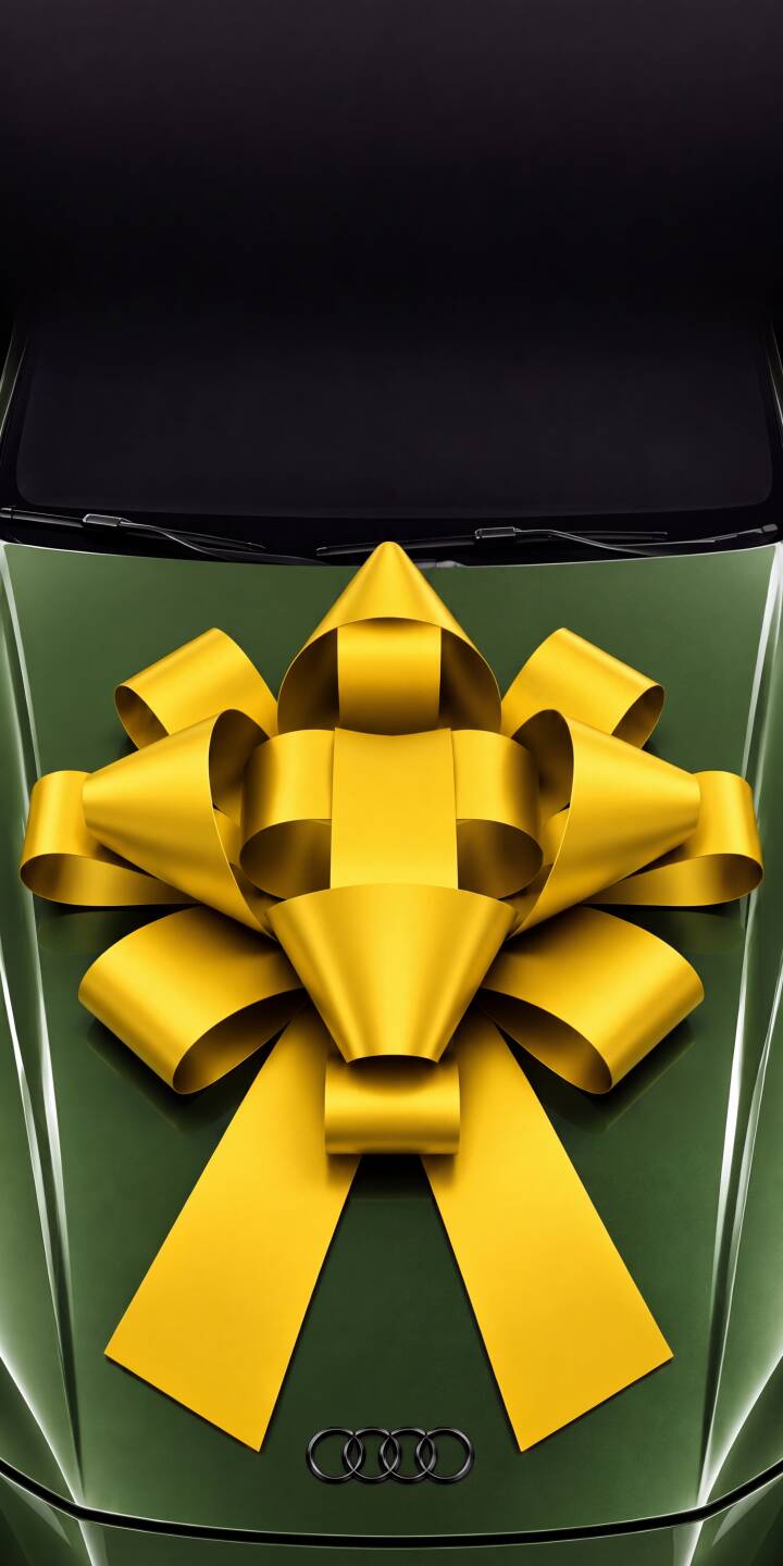 Striking golden ribbons form an elaborate bow atop a sleek dark green Audi hood, creating an elegant 4K wallpaper perfect for a celebratory iPhone lock screen. This luxury car gift wallpaper features the iconic Audi logo subtly below the pristine wrapping. | car iphone audi wallpaper mobile luxury car green car elegant 4k wallpaper hd wallpaper gift golden bow Striking golden ribbons form an elaborate bow atop a sleek dark green Audi hood, creating an elegant 4K wallpaper perfect for a celebratory iPhone lock screen. This luxury car gift wallpaper features the iconic Audi logo subtly below the pristine wrapping.