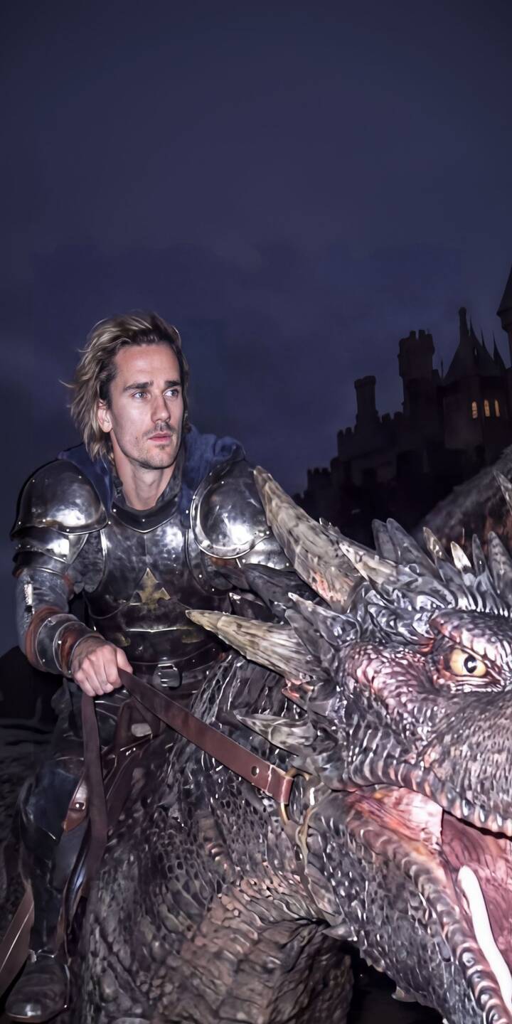 Griezmann, clad in gleaming medieval armor, rides a fierce dragon under a dark, dramatic sky in this stunning 4K wallpaper a must-have fantasy wallpaper for iPhone. | dragon knight iphone fantasy wallpaper antoine griezmann mobile celebrity 4k wallpaper hd wallpaper epic griezmann Griezmann, clad in gleaming medieval armor, rides a fierce dragon under a dark, dramatic sky in this stunning 4K wallpaper a must-have fantasy wallpaper for iPhone.