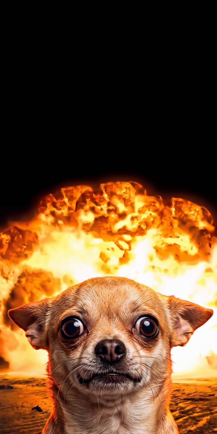 The tiny chihuahua's wide, disbelieving eyes perfectly capture the humor of this 4K wallpaper, set against a massive, fiery explosion in the background. This darkly humorous scene makes an unforgettable wallpaper for iPhone users, contrasting adorable panic with epic chaos. | meme funny dog explosion cute iphone wallpaper mobile 4k wallpaper hd wallpaper chaotic chihuahua The tiny chihuahua's wide, disbelieving eyes perfectly capture the humor of this 4K wallpaper, set against a massive, fiery explosion in the background. This darkly humorous scene makes an unforgettable wallpaper for iPhone users, contrasting adorable panic with epic chaos.