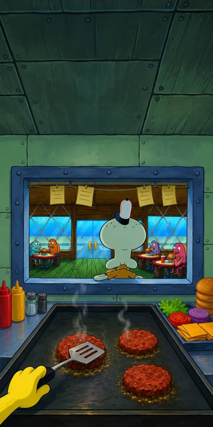 Sizzling Krabby Patty patties cook on the grill as SpongeBob's gloved hand expertly flips one, set against the backdrop of Squidward overlooking the dining room in this classic 4K Krusty Krab kitchen wallpaper. This vibrant wallpaper captures the essence of Bikini Bottom's famous eatery, perfect for your iPhone. | cartoon spongebob squidward iphone krusty krab wallpaper kitchen mobile 4k wallpaper hd wallpaper krabby patty cooking Sizzling Krabby Patty patties cook on the grill as SpongeBob's gloved hand expertly flips one, set against the backdrop of Squidward overlooking the dining room in this classic 4K Krusty Krab kitchen wallpaper. This vibrant wallpaper captures the essence of Bikini Bottom's famous eatery, perfect for your iPhone.