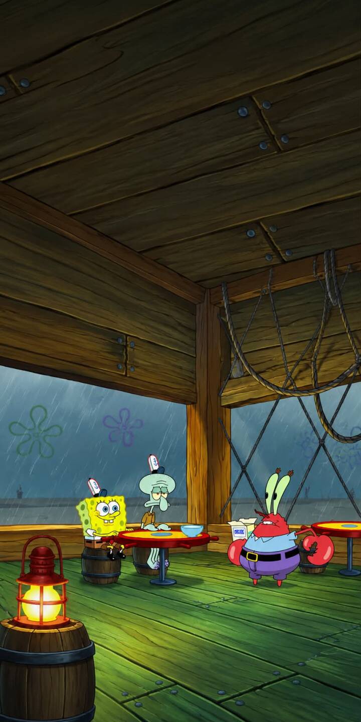 A cozy, lantern-lit interior casts a warm glow as Spongebob, Squidward, and Mr. Krabs gather at tables inside the Krusty Krab, watching raindrops trickle down the window in this charming 4K wallpaper for iPhone. This delightful wallpaper captures a classic moment from the beloved animated series. | cartoon spongebob rainy squidward iphone krusty krab wallpaper animation mr krabs mobile 4k wallpaper hd wallpaper A cozy, lantern-lit interior casts a warm glow as Spongebob, Squidward, and Mr. Krabs gather at tables inside the Krusty Krab, watching raindrops trickle down the window in this charming 4K wallpaper for iPhone. This delightful wallpaper captures a classic moment from the beloved animated series.