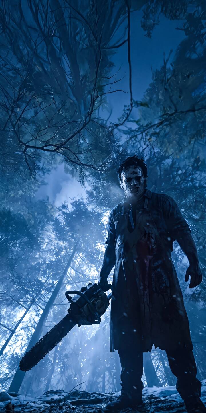 Emerging from a stark, moonlit forest, Leatherface grips his brutal chainsaw, its blade reflecting the icy blue light in this terrifying 4K wallpaper. This is an essential iPhone wallpaper for horror fans. | iphone wallpaper horror mobile 4k wallpaper hd wallpaper chainsaw dark aesthetic slasher leatherface dead by daylight Emerging from a stark, moonlit forest, Leatherface grips his brutal chainsaw, its blade reflecting the icy blue light in this terrifying 4K wallpaper. This is an essential iPhone wallpaper for horror fans.