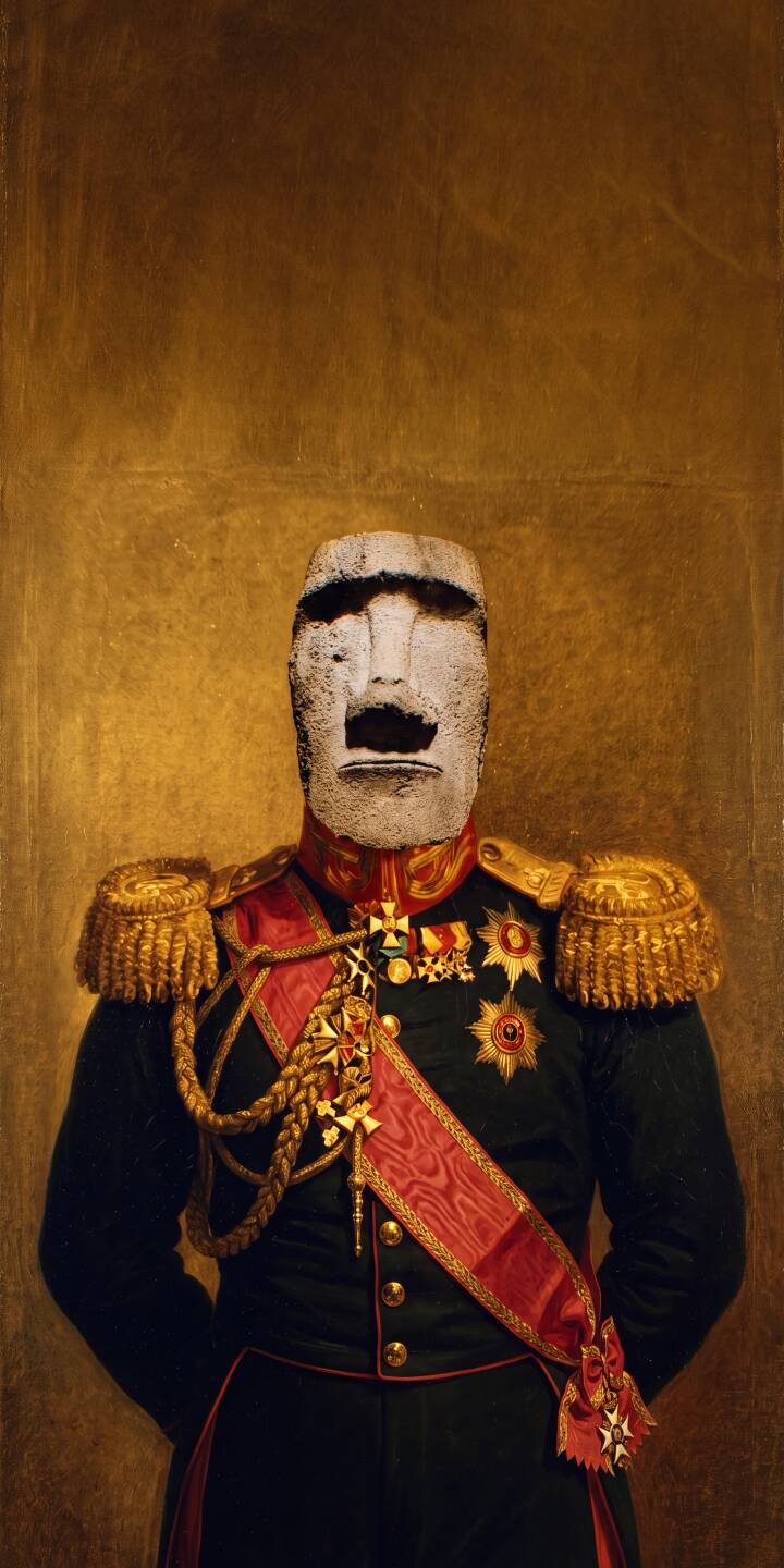Striking against a textured golden-brown background, a majestic Moai head dons a distinguished military general's uniform, complete with intricate gold epaulets and a vibrant red sash, creating a uniquely regal 4K wallpaper for your iPhone. This unusual and eye-catching wallpaper merges ancient mystery with formal grandeur. | uniform gold iphone wallpaper general mobile 4k wallpaper hd wallpaper surreal military easter island head moai Striking against a textured golden-brown background, a majestic Moai head dons a distinguished military general's uniform, complete with intricate gold epaulets and a vibrant red sash, creating a uniquely regal 4K wallpaper for your iPhone. This unusual and eye-catching wallpaper merges ancient mystery with formal grandeur.