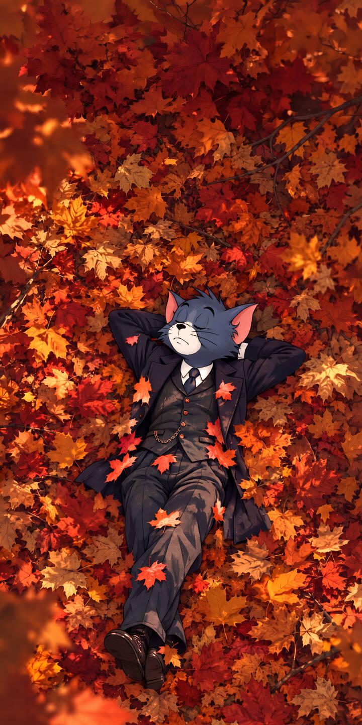 Vibrant red and orange autumn leaves cascade around Tom, who is stylishly dressed in a dark suit, peacefully relaxing with his hands behind his head in this stunning 4K wallpaper. This charming scene makes for an ideal fall wallpaper for your iPhone. | cartoon iphone autumn tom tom and jerry wallpaper mobile 4k wallpaper hd wallpaper tom cat fall leaves Vibrant red and orange autumn leaves cascade around Tom, who is stylishly dressed in a dark suit, peacefully relaxing with his hands behind his head in this stunning 4K wallpaper. This charming scene makes for an ideal fall wallpaper for your iPhone.