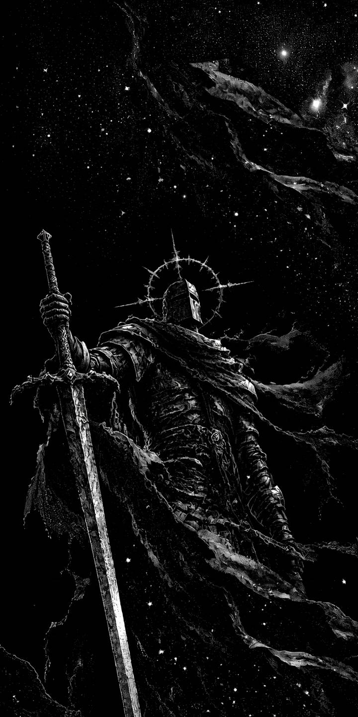 A formidable dark knight, adorned with a spiky halo and intricately detailed armor, raises a colossal greatsword against a backdrop of swirling cosmic stars in this breathtaking 4K wallpaper — an epic dark fantasy wallpaper perfect for your iPhone. | gothic knight iphone fantasy stars wallpaper black and white dark knight mobile 4k wallpaper hd wallpaper greatsword A formidable dark knight, adorned with a spiky halo and intricately detailed armor, raises a colossal greatsword against a backdrop of swirling cosmic stars in this breathtaking 4K wallpaper — an epic dark fantasy wallpaper perfect for your iPhone.
