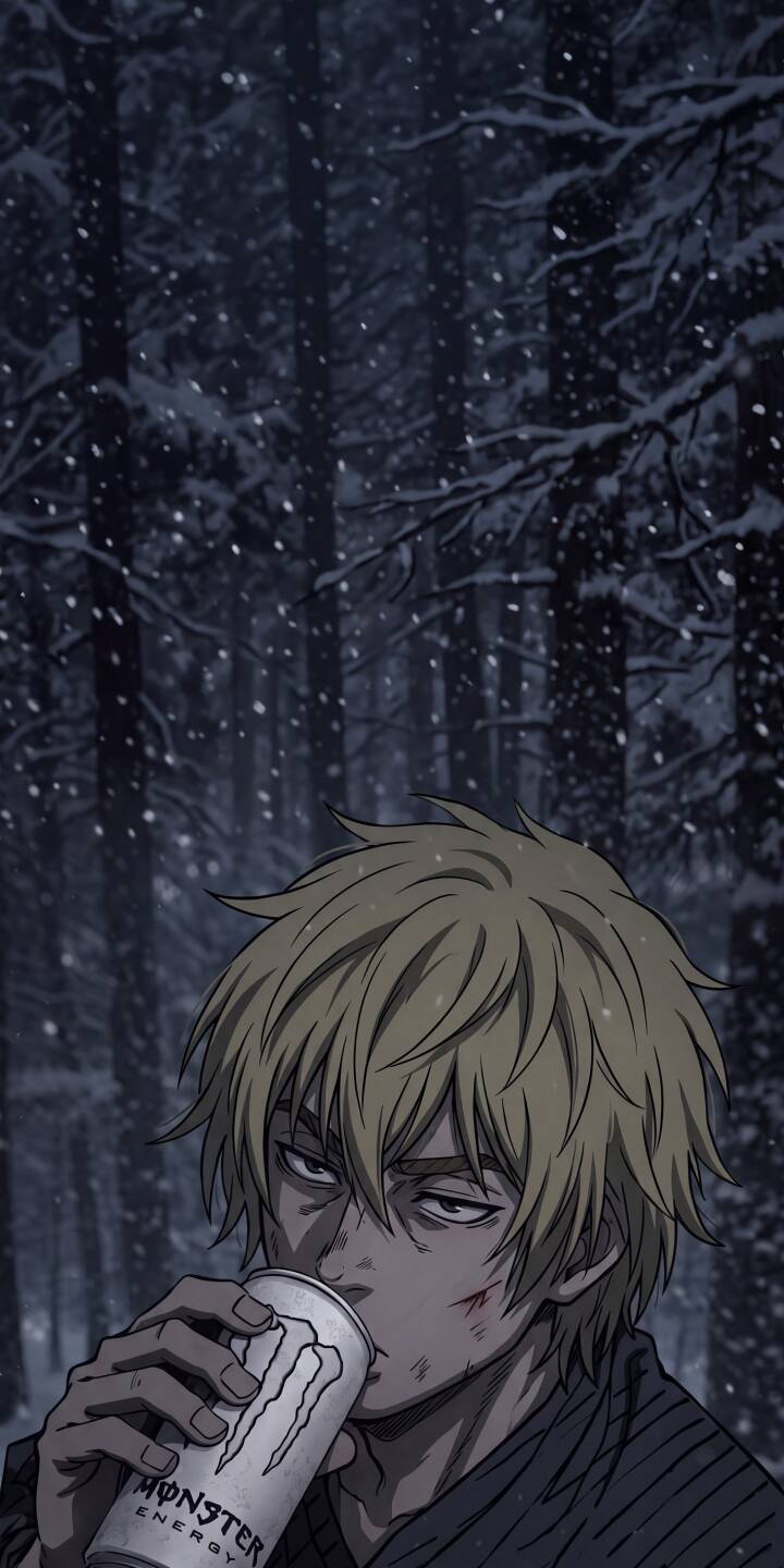 A snow-covered forest provides a stark backdrop as Thorfinn, with a hint of weariness in his eyes and scars on his cheek, drinks from a distinct Monster Energy can in this compelling 4K wallpaper for iPhone. This detailed anime wallpaper perfectly captures his current rugged aesthetic. | snow winter anime iphone wallpaper mobile 4k wallpaper hd wallpaper dark aesthetic monster energy thorfinn vinland saga A snow-covered forest provides a stark backdrop as Thorfinn, with a hint of weariness in his eyes and scars on his cheek, drinks from a distinct Monster Energy can in this compelling 4K wallpaper for iPhone. This detailed anime wallpaper perfectly captures his current rugged aesthetic.