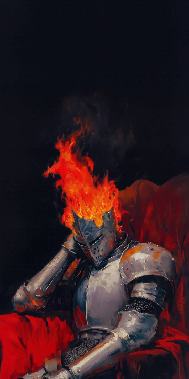Flames erupt vibrantly from the helmet of a pensive knight, who sits slumped in battle-worn armor against a striking red backdrop in this stunning 4K wallpaper; it's a perfect fiery aesthetic wallpaper for iPhone. | aesthetic dark armor fire knight medieval iphone fantasy wallpaper mobile 4k wallpaper hd wallpaper Flames erupt vibrantly from the helmet of a pensive knight, who sits slumped in battle-worn armor against a striking red backdrop in this stunning 4K wallpaper; it's a perfect fiery aesthetic wallpaper for iPhone.