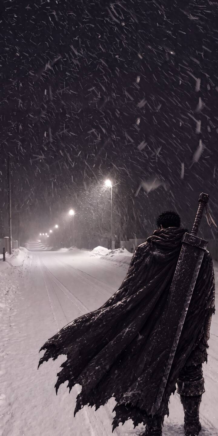 Heavy snow falls under dim streetlights as Guts, cloaked in his tattered black cape and bearing the Dragonslayer sword, walks down a lonely road in this moody 4K wallpaper. This atmospheric scene makes a dramatic wallpaper for any iPhone, capturing the somber essence of Berserk. | sword dark snow winter iphone fantasy wallpaper guts berserk mobile 4k wallpaper hd wallpaper Heavy snow falls under dim streetlights as Guts, cloaked in his tattered black cape and bearing the Dragonslayer sword, walks down a lonely road in this moody 4K wallpaper. This atmospheric scene makes a dramatic wallpaper for any iPhone, capturing the somber essence of Berserk.