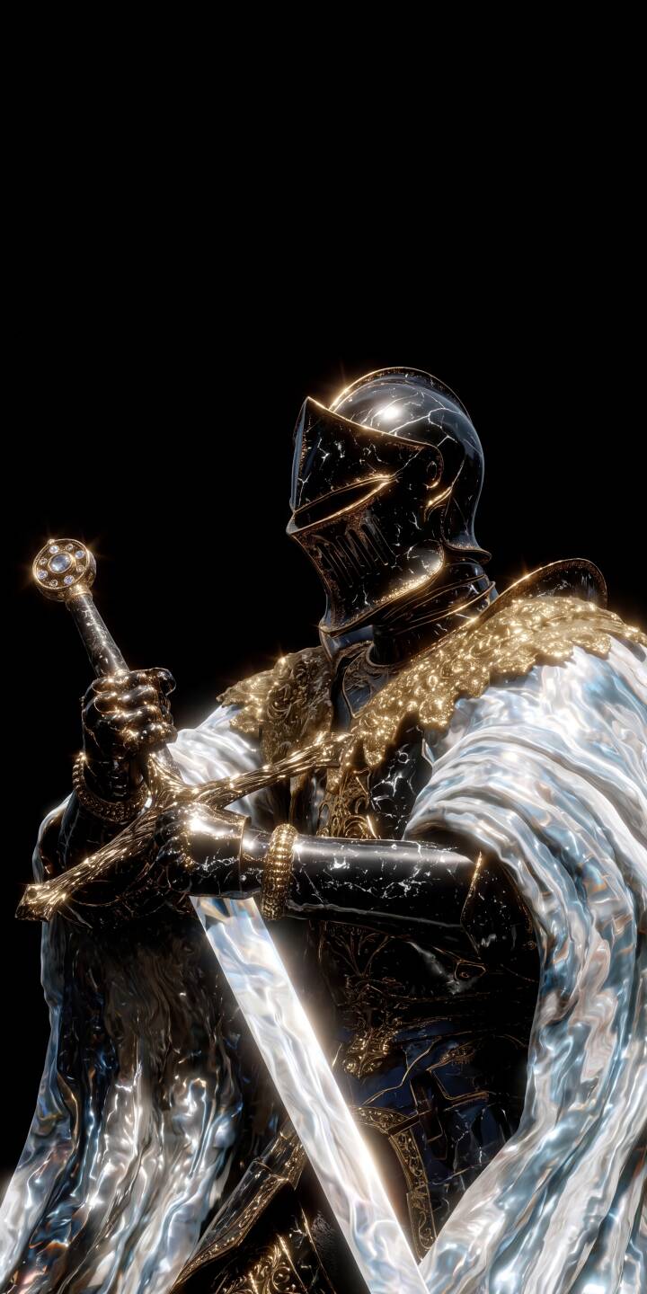 The ornate dark armor, embellished with gleaming gold trim and a cracked texture, creates a powerful presence for this knight in this stunning 4K wallpaper. This atmospheric wallpaper, featuring a flowing silver cloak and radiant sword blade, is perfect for your iPhone. | sword armor knight medieval iphone fantasy wallpaper dark knight mobile 4k wallpaper hd wallpaper epic The ornate dark armor, embellished with gleaming gold trim and a cracked texture, creates a powerful presence for this knight in this stunning 4K wallpaper. This atmospheric wallpaper, featuring a flowing silver cloak and radiant sword blade, is perfect for your iPhone.