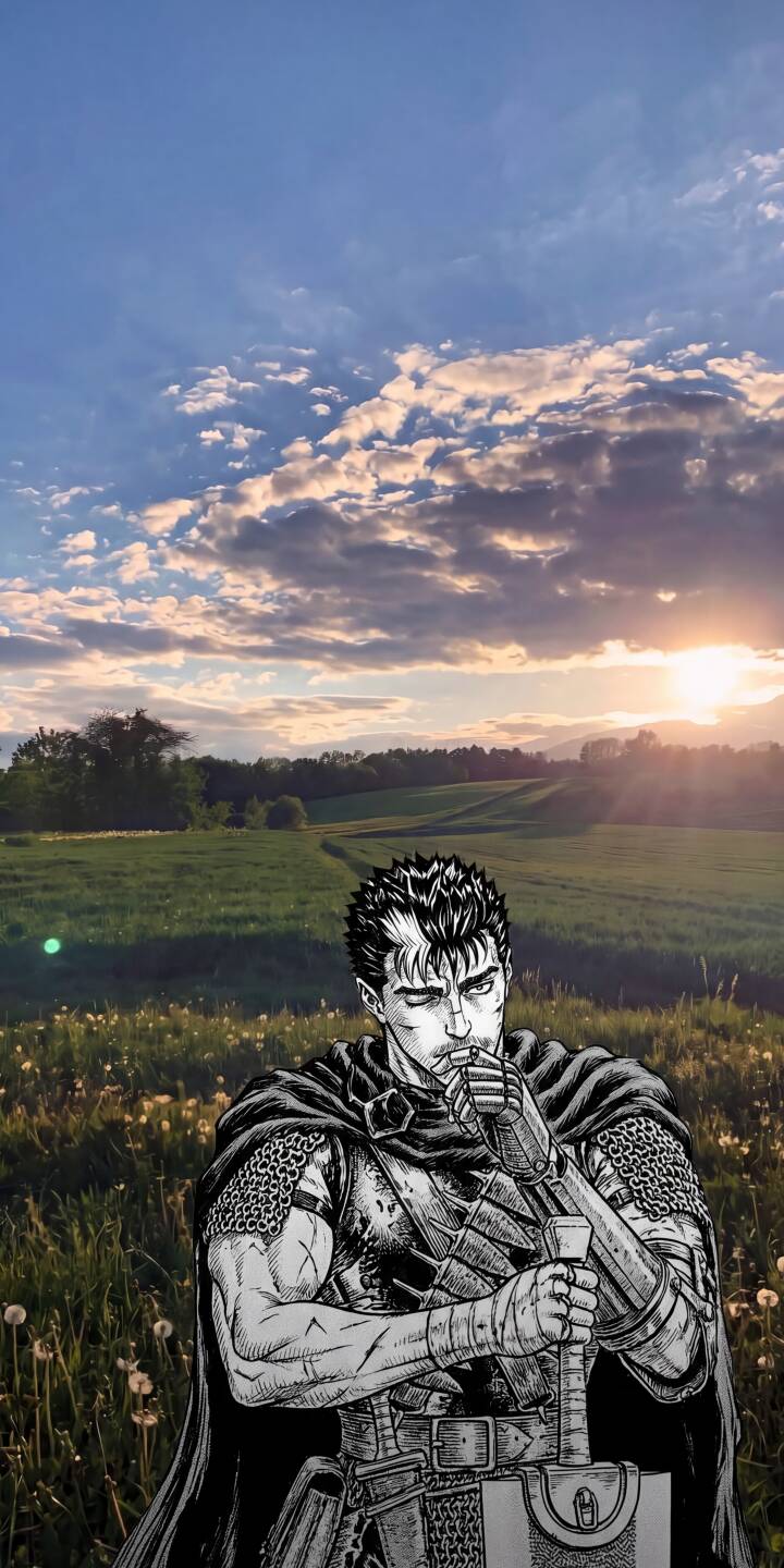 The dramatic golden light of sunset bathes a serene field while Guts from Berserk stands in his iconic manga style, contemplating with his Dragonslayer sword, creating a striking 4K wallpaper that's perfect for your iPhone. This unique wallpaper blends detailed character art with a breathtaking natural backdrop. | aesthetic sunset manga iphone wallpaper guts berserk mobile 4k wallpaper hd wallpaper dark fantasy dragonslayer The dramatic golden light of sunset bathes a serene field while Guts from Berserk stands in his iconic manga style, contemplating with his Dragonslayer sword, creating a striking 4K wallpaper that's perfect for your iPhone. This unique wallpaper blends detailed character art with a breathtaking natural backdrop.