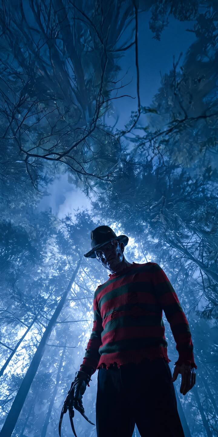 Freddy Krueger stares menacingly from the misty, blue-hued forest depths in this chilling 4K wallpaper, featuring his iconic striped sweater and razor-sharp glove — an essential horror wallpaper for iPhone. | iphone wallpaper horror mobile 4k wallpaper hd wallpaper dark forest eerie slasher freddy krueger a nightmare on elm street dream demon Freddy Krueger stares menacingly from the misty, blue-hued forest depths in this chilling 4K wallpaper, featuring his iconic striped sweater and razor-sharp glove — an essential horror wallpaper for iPhone.