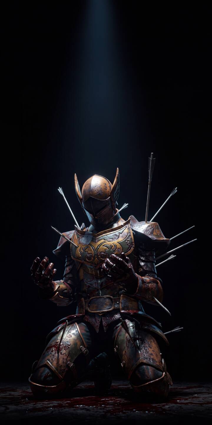 Pierced by numerous arrows, a valiant knight kneels in ornate, blood-splattered armor under a stark spotlight in this epic 4K wallpaper. This somber and detailed wallpaper is perfect for any iPhone user seeking a grim fantasy aesthetic. | warrior knight iphone fantasy wallpaper mobile 4k wallpaper hd wallpaper dark aesthetic arrows medieval armor Pierced by numerous arrows, a valiant knight kneels in ornate, blood-splattered armor under a stark spotlight in this epic 4K wallpaper. This somber and detailed wallpaper is perfect for any iPhone user seeking a grim fantasy aesthetic.