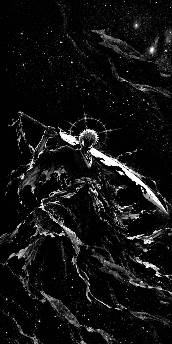 A powerful aura radiates behind Ichigo Kurosaki's head as he wields his massive Zangetsu sword against a dramatic, star-filled cosmic background in this striking 4K wallpaper. This epic black and white wallpaper captures the intense power of the anime hero, making it a perfect mobile background for your iPhone. | dark anime iphone ichigo wallpaper mobile bleach 4k wallpaper hd wallpaper monochrome epic shinigami A powerful aura radiates behind Ichigo Kurosaki's head as he wields his massive Zangetsu sword against a dramatic, star-filled cosmic background in this striking 4K wallpaper. This epic black and white wallpaper captures the intense power of the anime hero, making it a perfect mobile background for your iPhone.