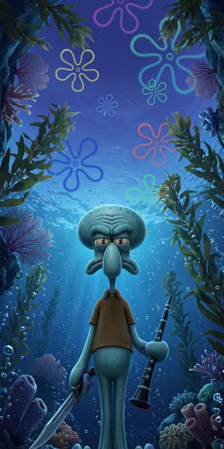 Angry-faced Squidward Tentacles stands defiantly underwater, clutching both a sharp sword and his clarinet amidst glowing bioluminescent sea plants in this vibrant 4K wallpaper. Perfect as a unique iPhone wallpaper. | spongebob sword underwater squidward iphone angry wallpaper mobile 4k wallpaper hd wallpaper squidward tentacles clarinet Angry-faced Squidward Tentacles stands defiantly underwater, clutching both a sharp sword and his clarinet amidst glowing bioluminescent sea plants in this vibrant 4K wallpaper. Perfect as a unique iPhone wallpaper.