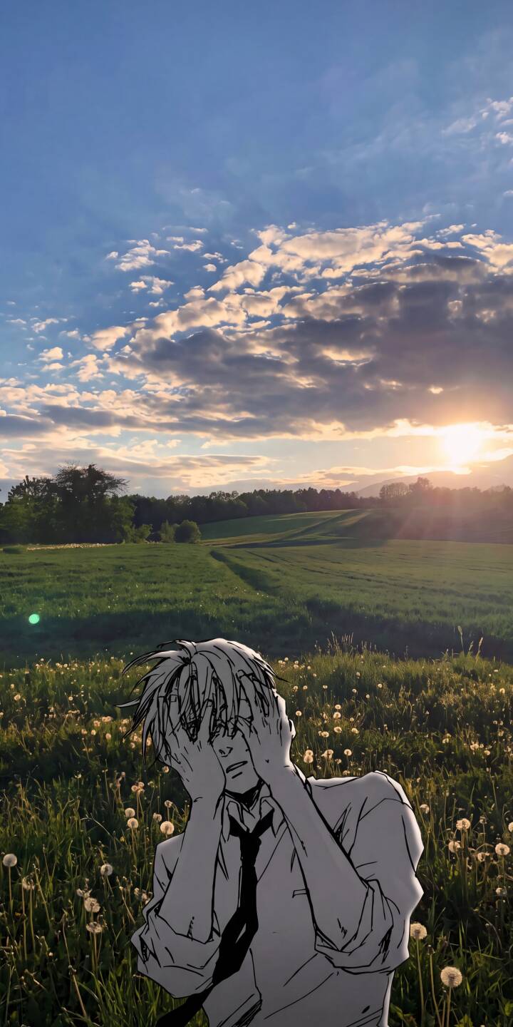 The grayscale anime character covers their face in anguish against a vibrant backdrop of a golden sunset field, making a poignant 4K wallpaper. This emotionally evocative wallpaper for iPhone captures the stark contrast between human emotion and natural beauty, featuring a character amidst green dandelions under a cloudy, orange-hued sky. | sunset anime manga iphone wallpaper grayscale mobile emotional 4k wallpaper hd wallpaper sad anime dandelions The grayscale anime character covers their face in anguish against a vibrant backdrop of a golden sunset field, making a poignant 4K wallpaper. This emotionally evocative wallpaper for iPhone captures the stark contrast between human emotion and natural beauty, featuring a character amidst green dandelions under a cloudy, orange-hued sky.