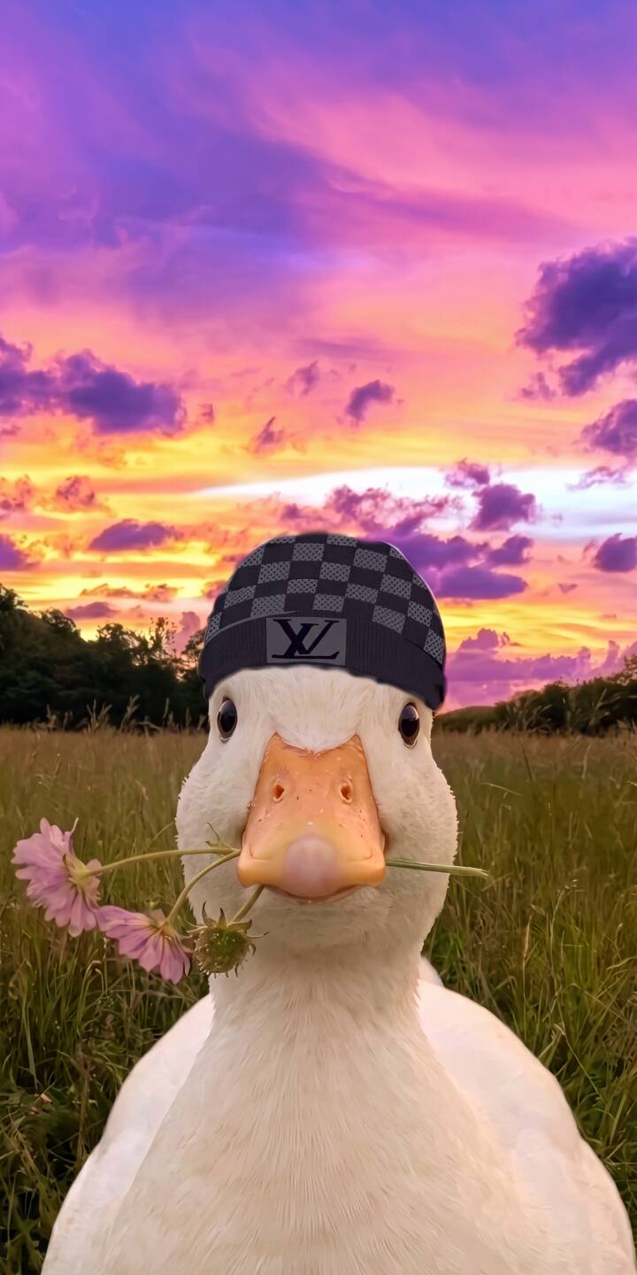 A charming white duck, wearing a stylish LV beanie and holding delicate pink flowers, gazes directly at the viewer amidst a breathtaking sunset sky in this vibrant 4K wallpaper. This unique and aesthetic wallpaper is perfect for personalizing your iPhone. | aesthetic sunset animal iphone duck wallpaper mobile 4k wallpaper hd wallpaper pink flowers cute duck lv beanie A charming white duck, wearing a stylish LV beanie and holding delicate pink flowers, gazes directly at the viewer amidst a breathtaking sunset sky in this vibrant 4K wallpaper. This unique and aesthetic wallpaper is perfect for personalizing your iPhone.