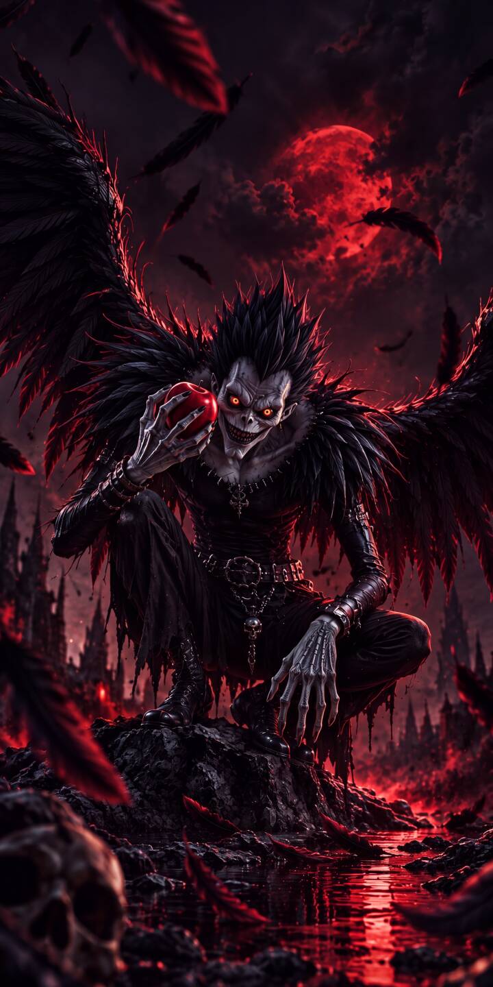 Ryuk's menacing grin and glowing red eyes dominate this dark 4K wallpaper as he clutches a crimson apple against a backdrop of a blood-red moon and falling feathers. This chilling aesthetic makes for an intense iPhone wallpaper, perfect for fans of Death Note. | dark anime iphone wallpaper horror mobile 4k wallpaper hd wallpaper ryuk death note shinigami Ryuk's menacing grin and glowing red eyes dominate this dark 4K wallpaper as he clutches a crimson apple against a backdrop of a blood-red moon and falling feathers. This chilling aesthetic makes for an intense iPhone wallpaper, perfect for fans of Death Note.