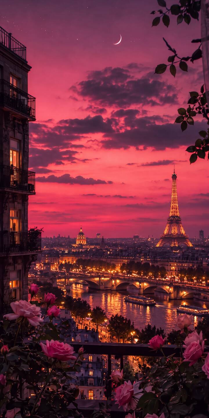 A vibrant pink and purple sunset paints the sky over the illuminated Paris cityscape, featuring the iconic Eiffel Tower and city lights reflecting on the Seine River in this captivating 4K wallpaper – an enchanting wallpaper perfect for iPhone. | aesthetic sunset iphone paris wallpaper mobile romantic 4k wallpaper hd wallpaper pink sky cityscape eiffel tower A vibrant pink and purple sunset paints the sky over the illuminated Paris cityscape, featuring the iconic Eiffel Tower and city lights reflecting on the Seine River in this captivating 4K wallpaper – an enchanting wallpaper perfect for iPhone.
