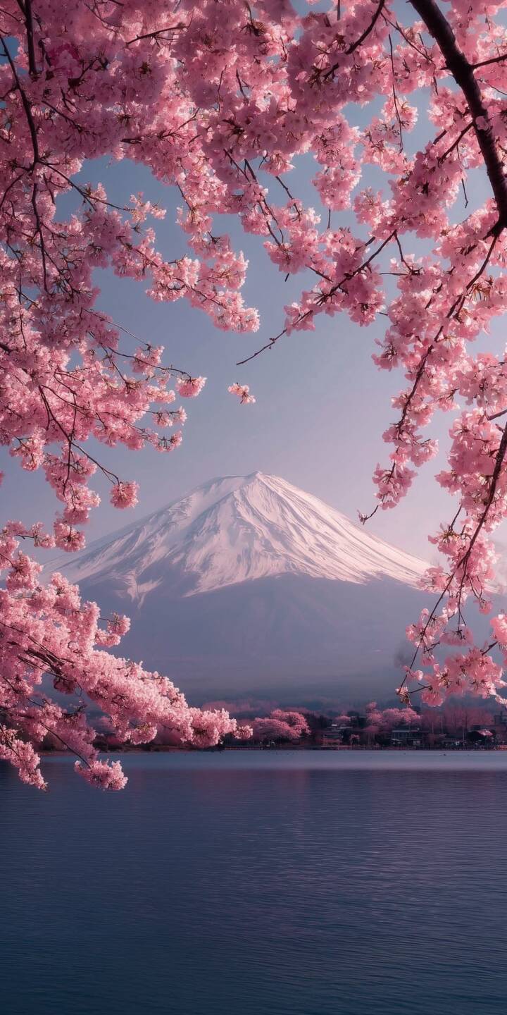 Vibrant pink cherry blossoms elegantly frame the majestic, snow-capped Mount Fuji, with its iconic peak softly reflected in the tranquil lake below, making this a stunning 4K wallpaper for iPhone. This breathtaking landscape wallpaper captures the serene beauty of Japan's springtime. | pink landscape iphone japan nature wallpaper sakura mobile 4k wallpaper hd wallpaper mount fuji cherry blossoms Vibrant pink cherry blossoms elegantly frame the majestic, snow-capped Mount Fuji, with its iconic peak softly reflected in the tranquil lake below, making this a stunning 4K wallpaper for iPhone. This breathtaking landscape wallpaper captures the serene beauty of Japan's springtime.