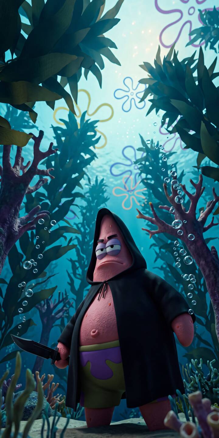 Patrick's stern, grumpy expression is framed by his mysterious dark hooded cloak, knife poised, in this striking 4K wallpaper set deep within a shadowy kelp forest, perfect as an iPhone wallpaper for fans of the unexpected. | spongebob dark knife patrick iphone wallpaper patrick star mobile 4k wallpaper hd wallpaper mysterious Patrick's stern, grumpy expression is framed by his mysterious dark hooded cloak, knife poised, in this striking 4K wallpaper set deep within a shadowy kelp forest, perfect as an iPhone wallpaper for fans of the unexpected.