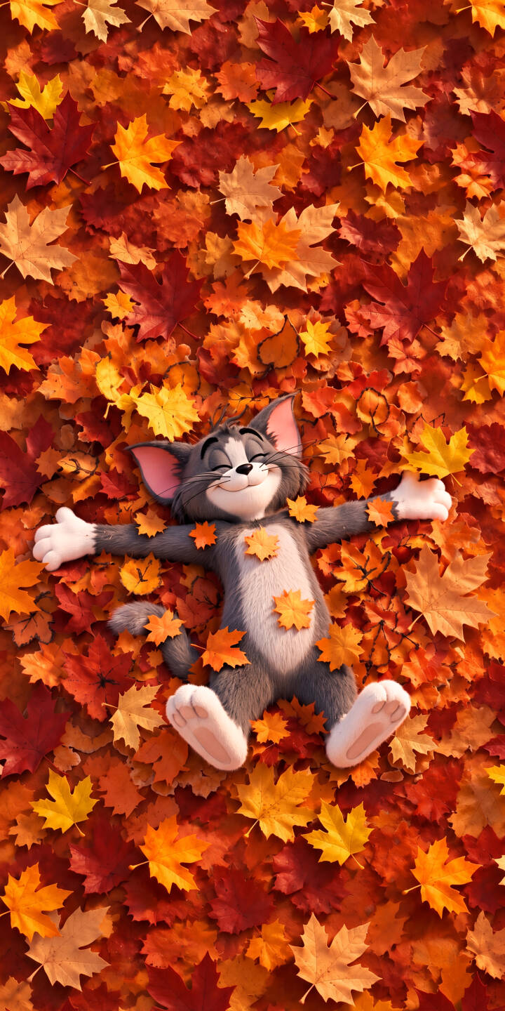 A cheerfully smiling Tom cat lies spread-eagle amidst a vibrant carpet of orange and red autumn leaves in this delightful 4K wallpaper for iPhone. Small fall leaves gently adorn his soft belly, making it a perfect wallpaper to bring warmth and joy to your screen. | cartoon cat fall iphone autumn tom tom and jerry leaves wallpaper mobile 4k wallpaper hd wallpaper A cheerfully smiling Tom cat lies spread-eagle amidst a vibrant carpet of orange and red autumn leaves in this delightful 4K wallpaper for iPhone. Small fall leaves gently adorn his soft belly, making it a perfect wallpaper to bring warmth and joy to your screen.
