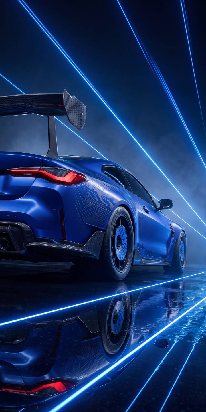 Gleaming in a brilliant blue, this high-performance BMW sports car with its prominent carbon fiber wing and intricate side detail reflects on a wet, dark surface under striking neon blue light trails, creating a captivating 4K wallpaper perfect for your iPhone. | sports car neon reflection iphone bmw wallpaper futuristic mobile blue car 4k wallpaper hd wallpaper automotive Gleaming in a brilliant blue, this high-performance BMW sports car with its prominent carbon fiber wing and intricate side detail reflects on a wet, dark surface under striking neon blue light trails, creating a captivating 4K wallpaper perfect for your iPhone.
