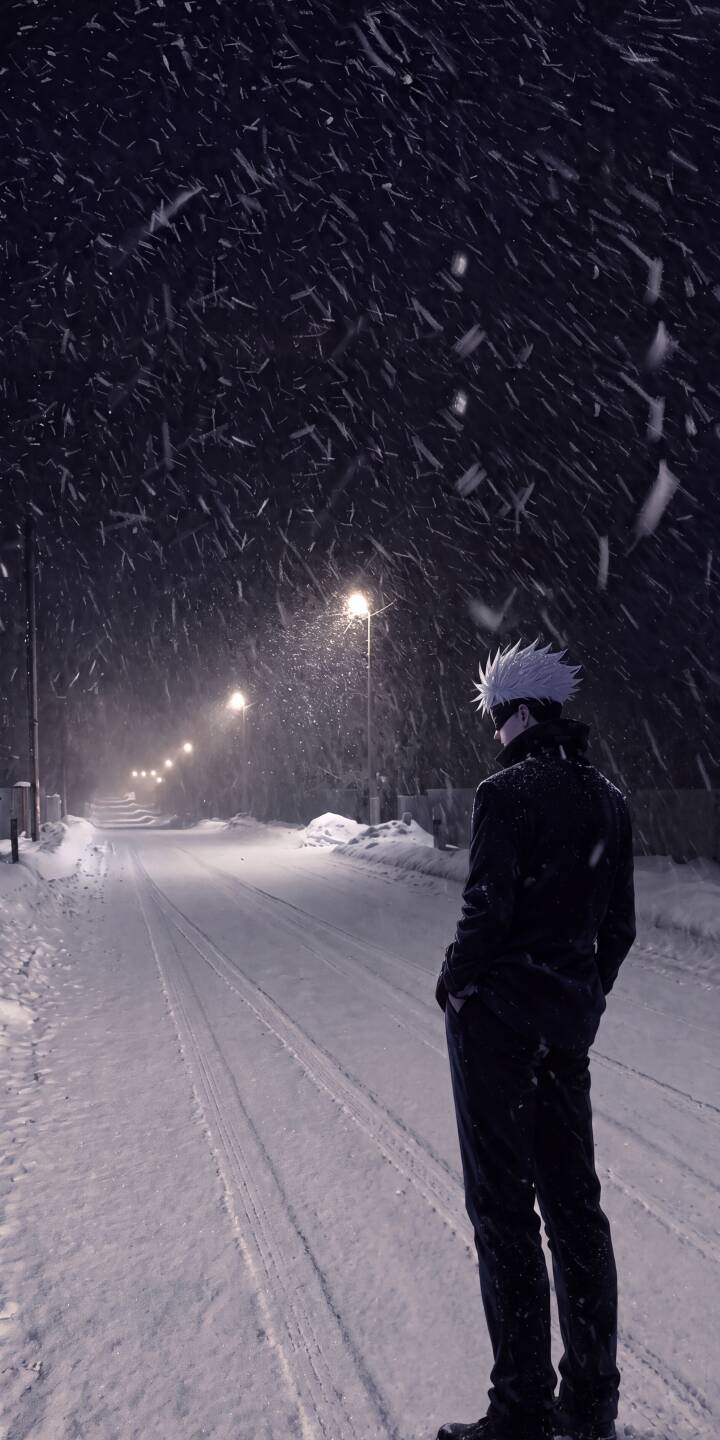 Heavy snowfall drifts past glowing street lamps as Satoru Gojo stands thoughtfully on a deserted, snow-covered road in this serene 4K wallpaper — an ideal wallpaper for iPhone users seeking a cool, reflective scene. | snow winter anime iphone wallpaper gojo mobile 4k wallpaper hd wallpaper dark aesthetic jujutsu kaisen satoru gojo Heavy snowfall drifts past glowing street lamps as Satoru Gojo stands thoughtfully on a deserted, snow-covered road in this serene 4K wallpaper — an ideal wallpaper for iPhone users seeking a cool, reflective scene.
