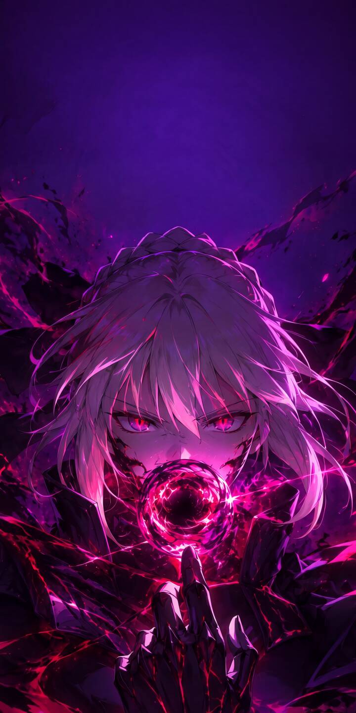 A mesmerizing dark energy orb pulses with malevolent power as the white-haired anime character, with fierce red eyes, prepares to unleash its force in this striking 4K wallpaper. This captivating wallpaper is a perfect fit for any iPhone. | aesthetic purple magic iphone wallpaper anime girl mobile 4k wallpaper hd wallpaper glowing eyes dark fantasy ominous A mesmerizing dark energy orb pulses with malevolent power as the white-haired anime character, with fierce red eyes, prepares to unleash its force in this striking 4K wallpaper. This captivating wallpaper is a perfect fit for any iPhone.