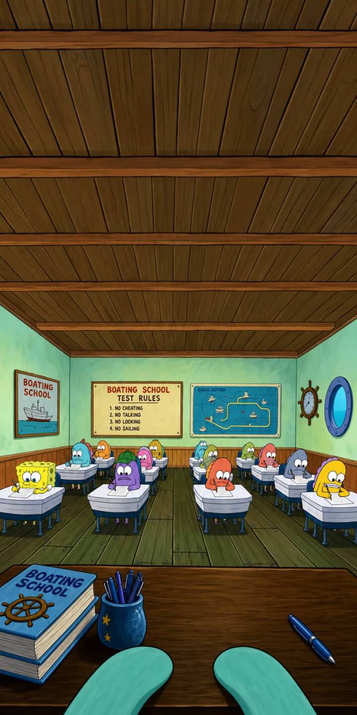 From a student's perspective, Spongebob Squarepants diligently takes his Boating School test alongside his colorful classmates in this charming 4K classroom wallpaper. This vibrant animated scene is an essential wallpaper for iPhone fans of the iconic cartoon. | cartoon funny spongebob iphone wallpaper animation classroom mobile spongebob squarepants 4k wallpaper hd wallpaper boating school From a student's perspective, Spongebob Squarepants diligently takes his Boating School test alongside his colorful classmates in this charming 4K classroom wallpaper. This vibrant animated scene is an essential wallpaper for iPhone fans of the iconic cartoon.